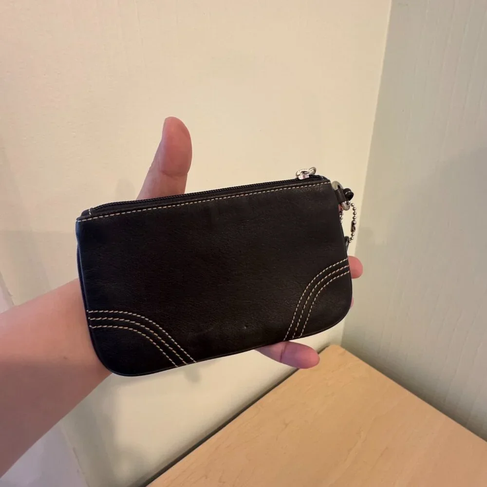 Coach Black Leather Wristlet – Contrast Stitching – Silver Hardware
